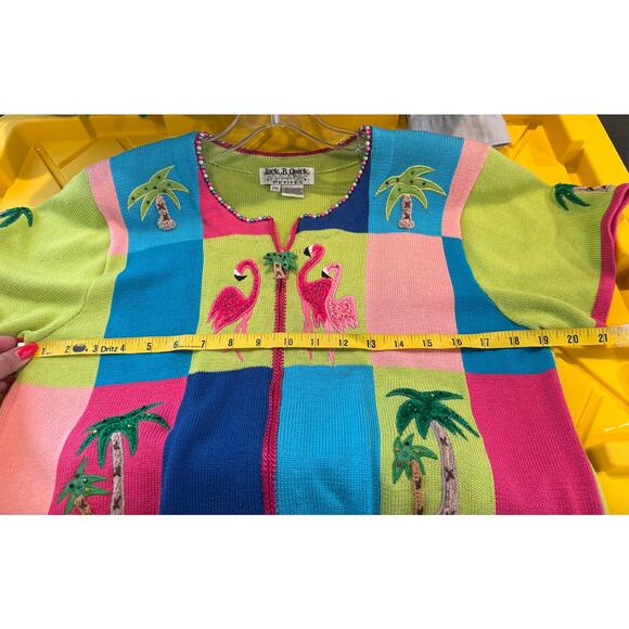 Vintage Jack B Quick Cardigan Sweater Flamingos & Palm Trees Short Sleeve ZipUp - Picture 14 of 16